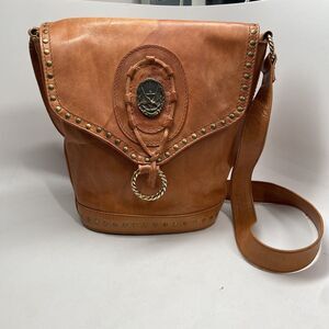 El Vaquero Pink Label Brown Leather Gold Studded Handcrafted Handbag Purse